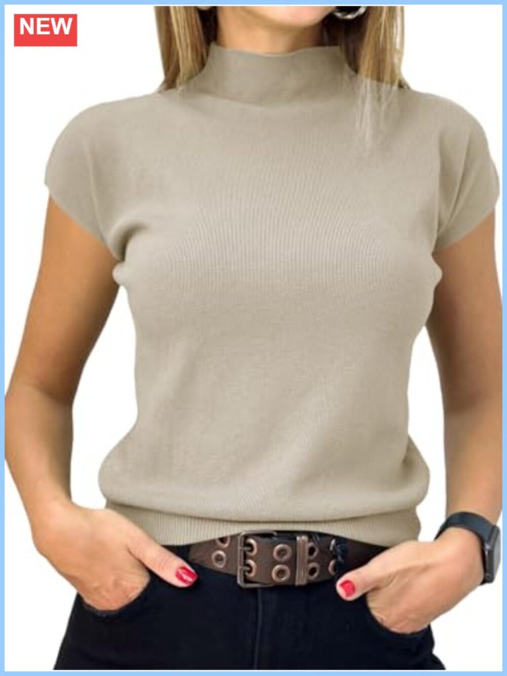 Women's Short Sleeve Mock Neck Knit Pullover Sweater Summer Basic Top Slim Fit